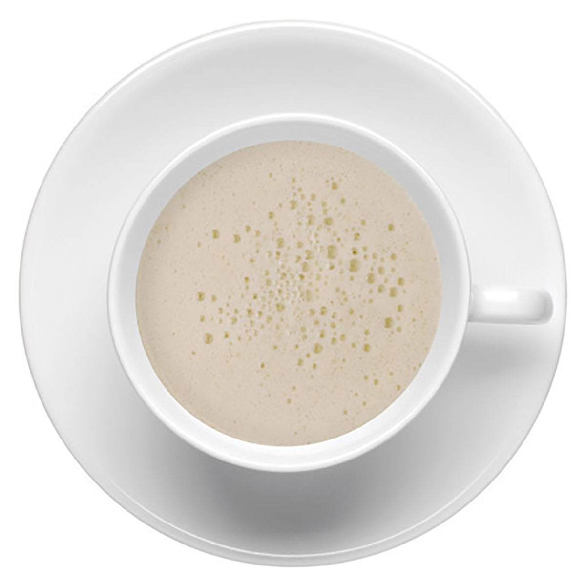 White cup with creamy beverage on a white saucer