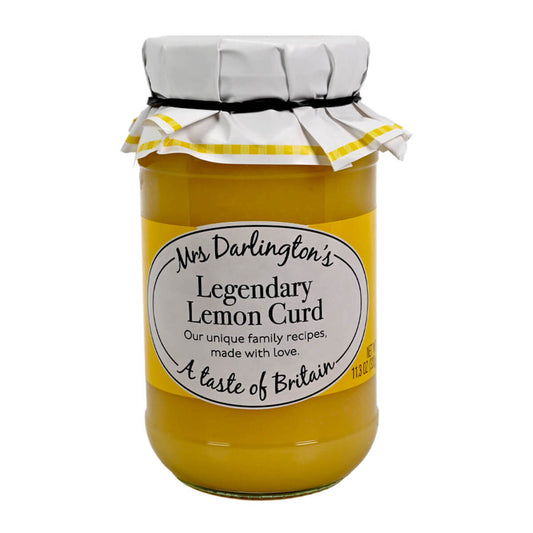 Jar of Mrs Darlington's Legendary Lemon Curd with a white lid on a white background