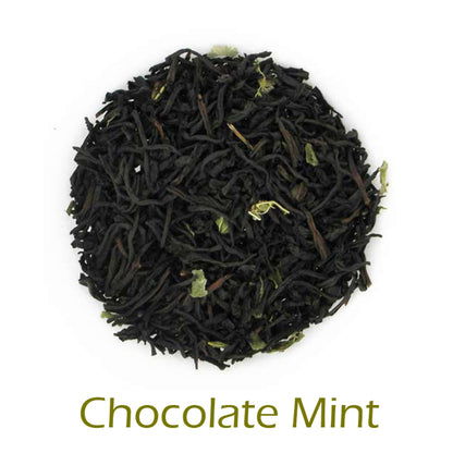 Chocolate Mint loose-leaf tea on a white background with product name caption