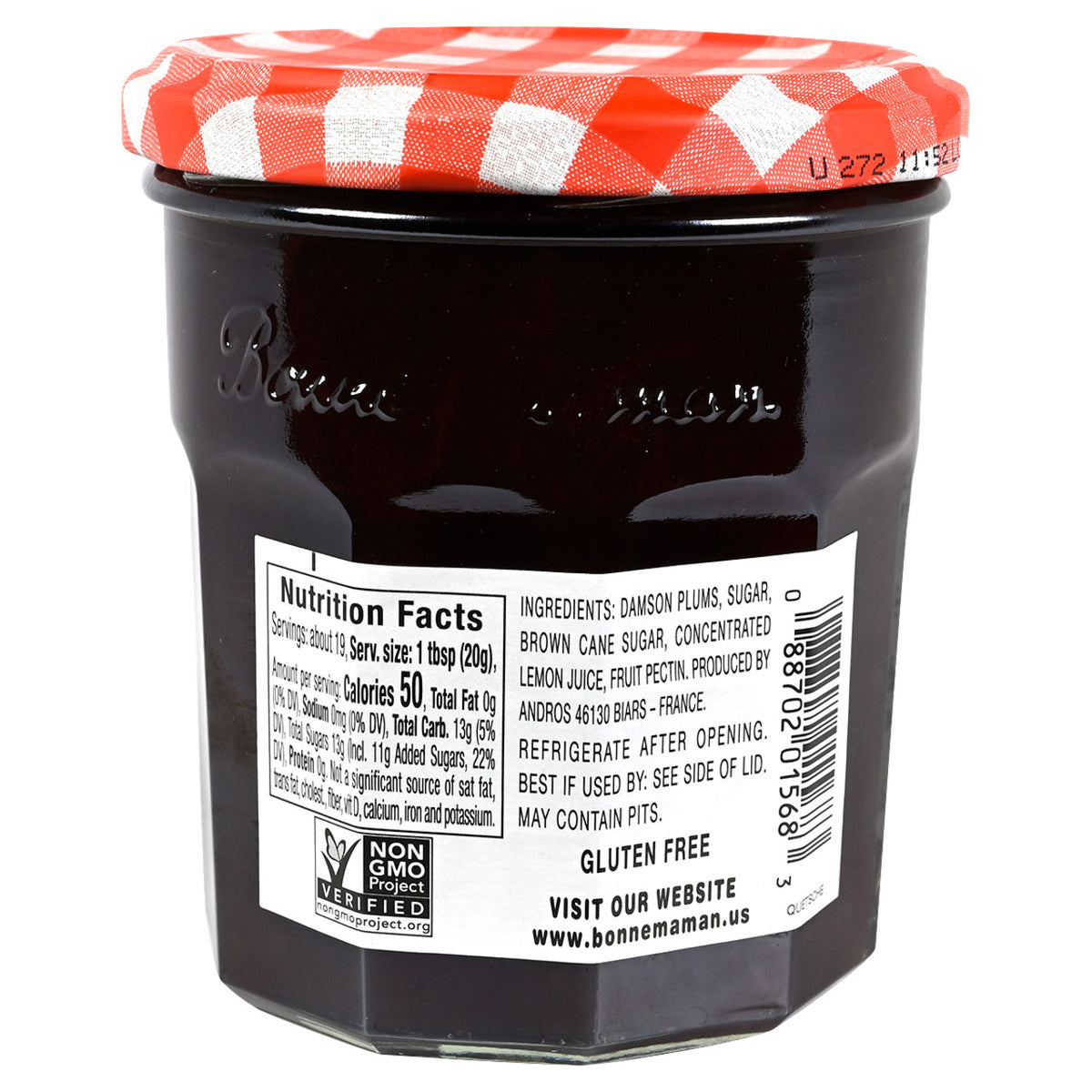 Jar of Bonne Maman Plum Preserves featuring white label and black text containing nutrition information and ingredients featuring a white and red checkered lid all on a white background.