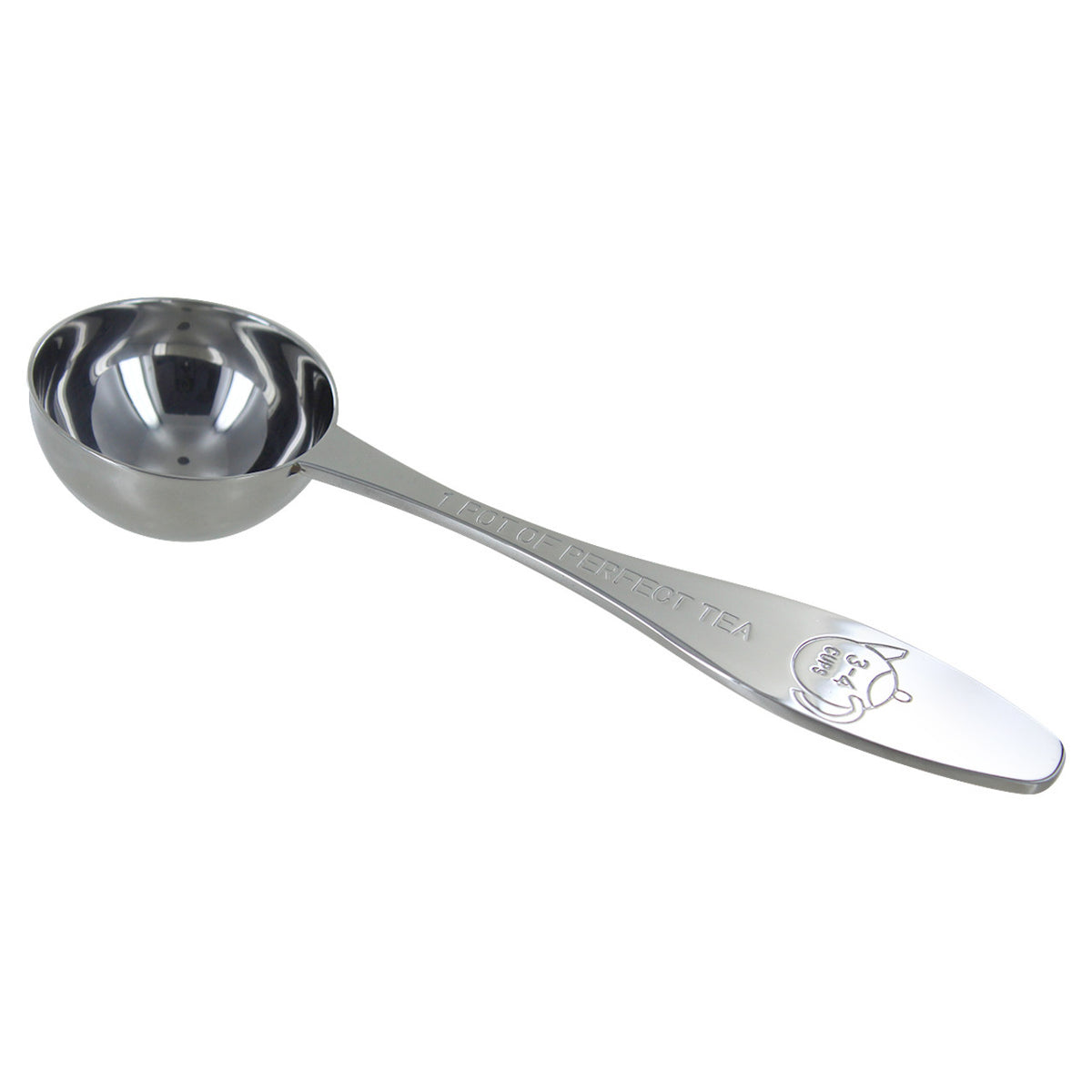 Metal measuring spoon with engraved text on a white background