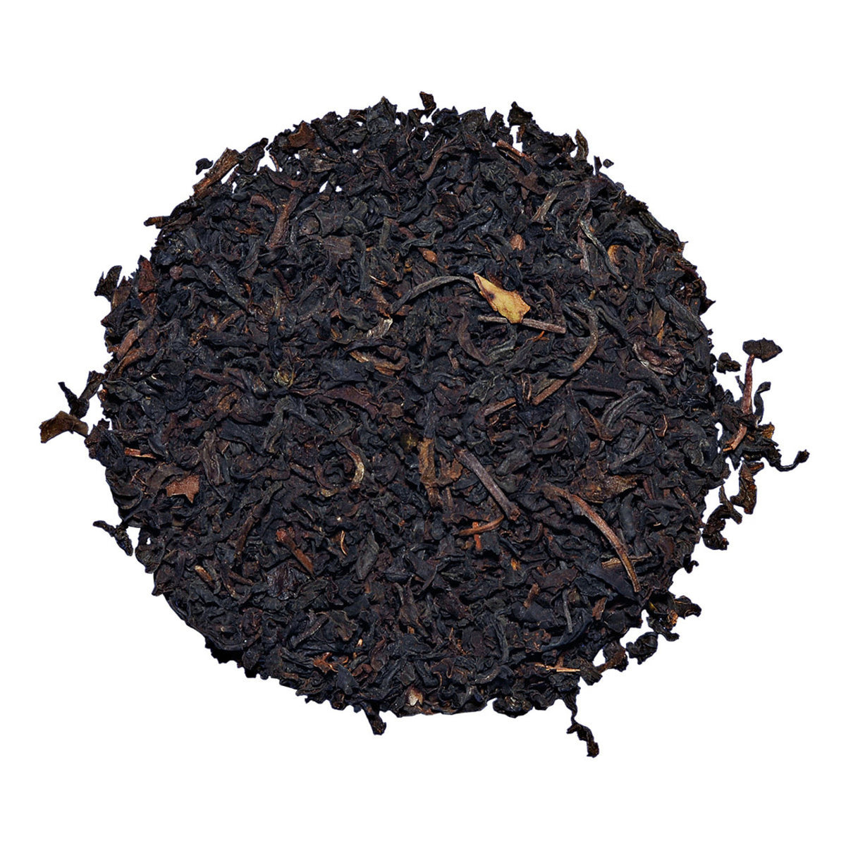 Round pile of black tea leaves on a white background