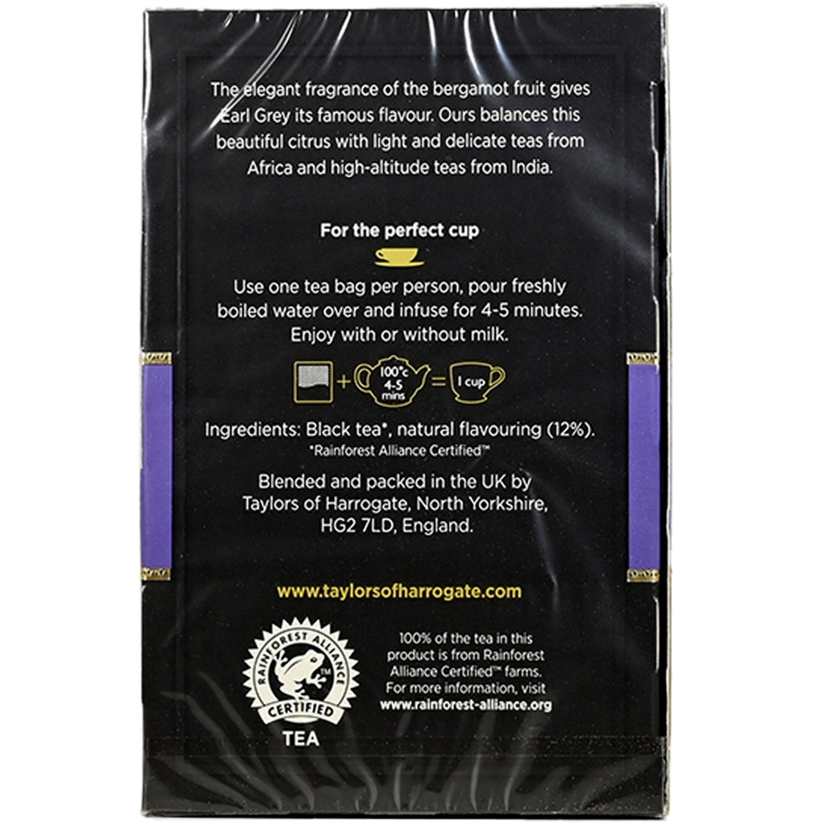 Side view of the Black tea package for Taylors of Harrogate's Early Grey with text and certification logos with box on a white background.