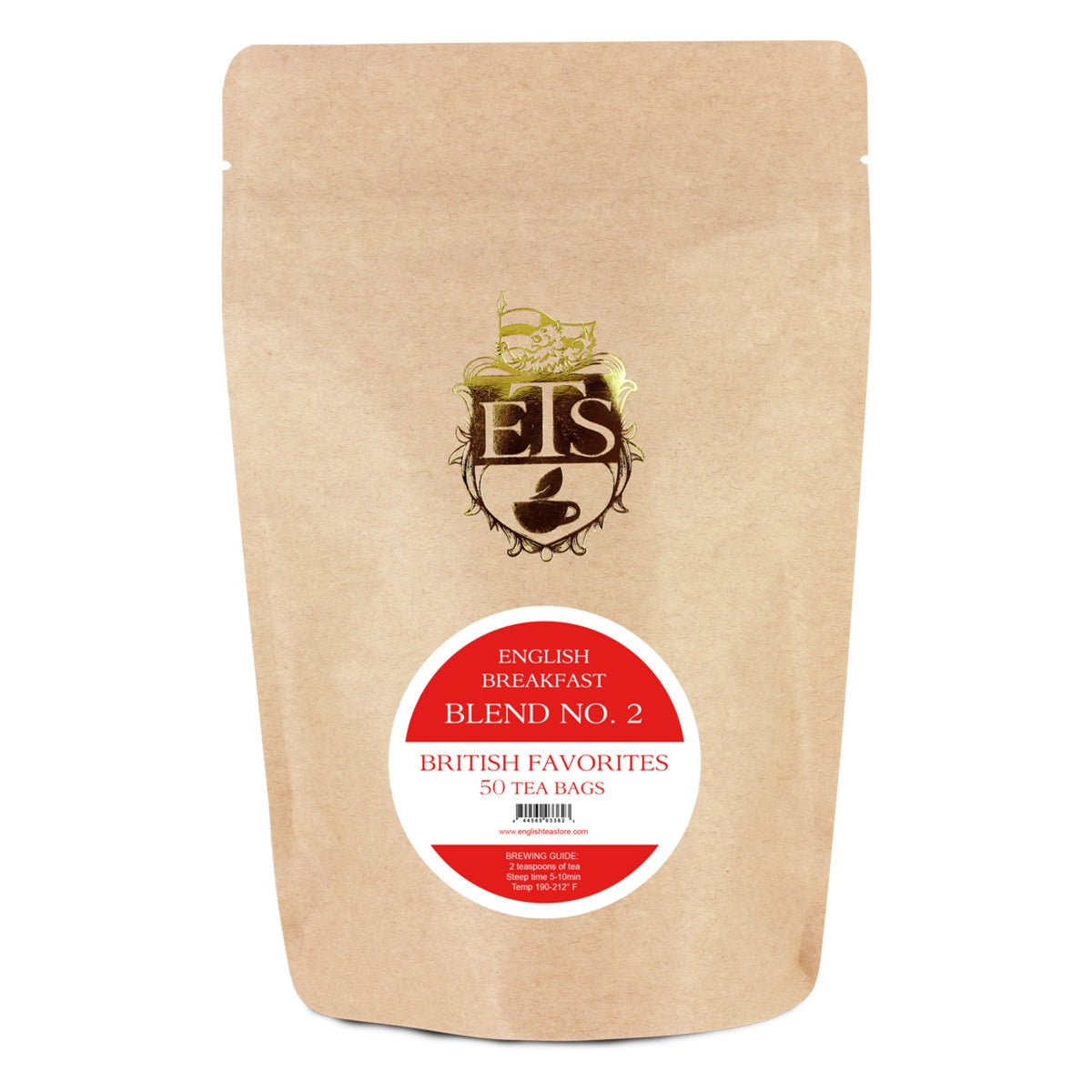 A pouch of English Tea Store's English Breakfast Blend No. 2 tea bags, labeled with the product name and the number of tea bags.