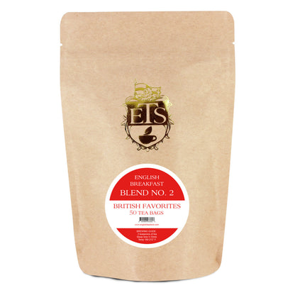 A pouch of English Tea Store's English Breakfast Blend No. 2 tea bags, labeled with the product name and the number of tea bags.