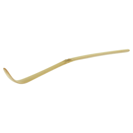 Traditional matcha spoon with a curved handle on a white background