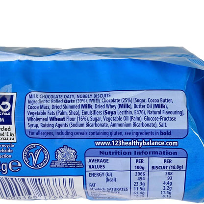 Blue package of McVitie's Milk Chocolate Hobnobs showing the nutrition information.