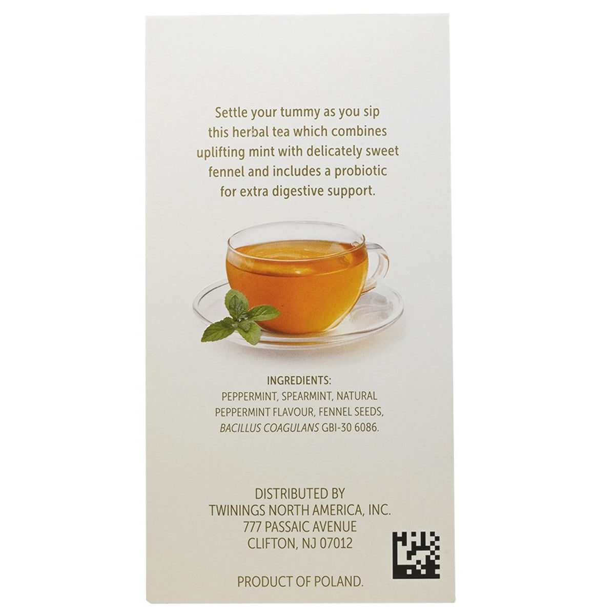 Tea packaging with a cup of tea and mint leaves and ingredients listing with package on a white background