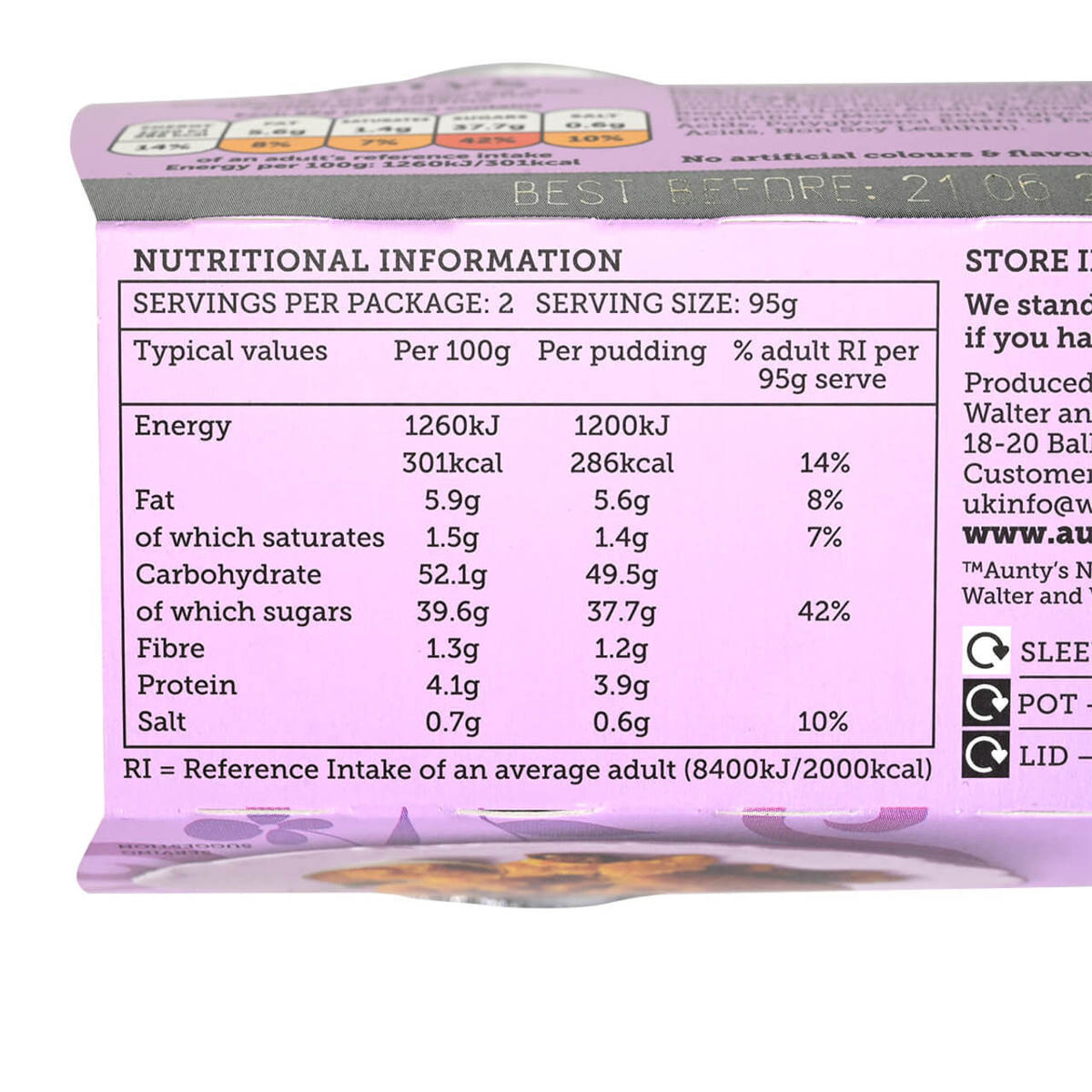 Nutritional information label on a product packaging with a purple background