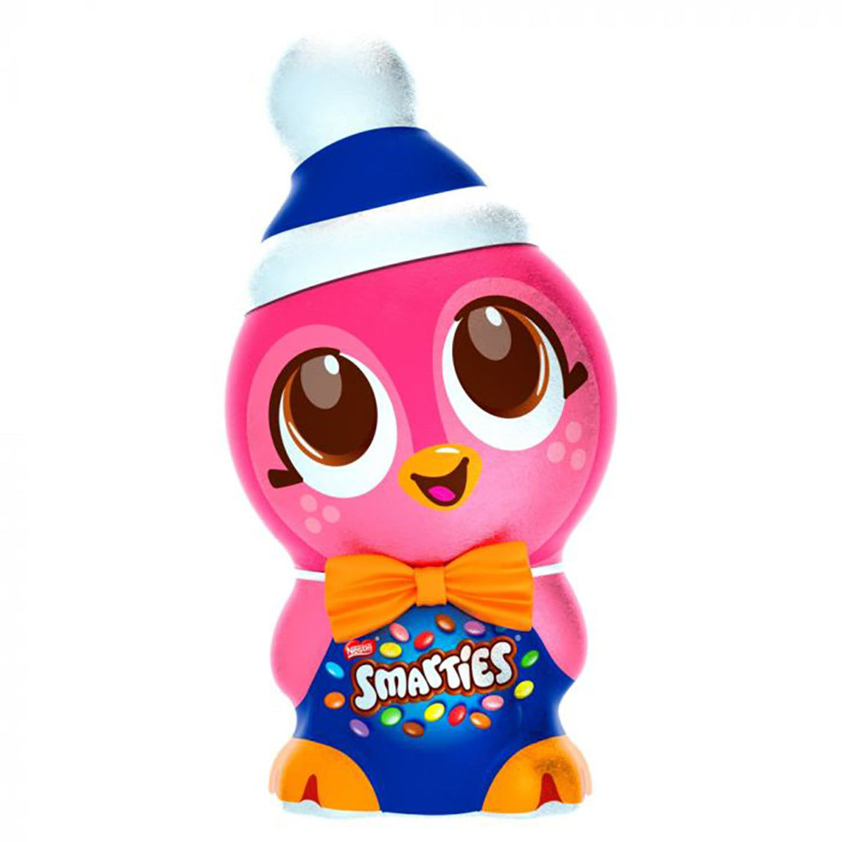 Pink bird-shaped container with a bow tie and 'Smarties' branding on a white background