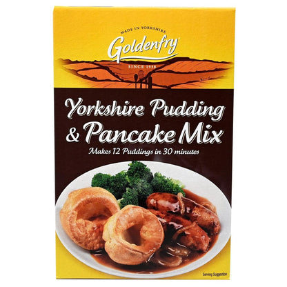 Box of Goldenfrey Yorkshire Pudding & Pancake Mix with a scenic design on the top.