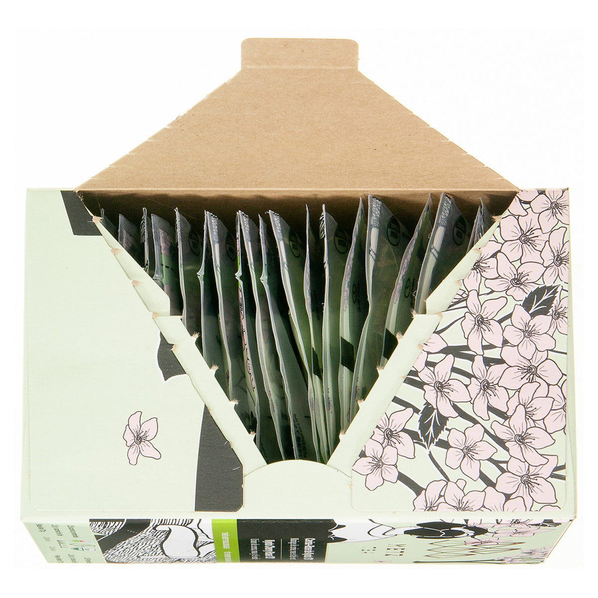 Tea packaging with floral design on a white background opened to show the tea bag packages inside
