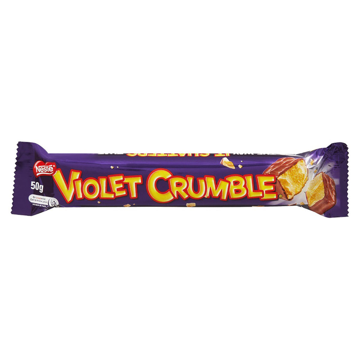 Nestle Violet Crumble chocolate bar packaging on a white background