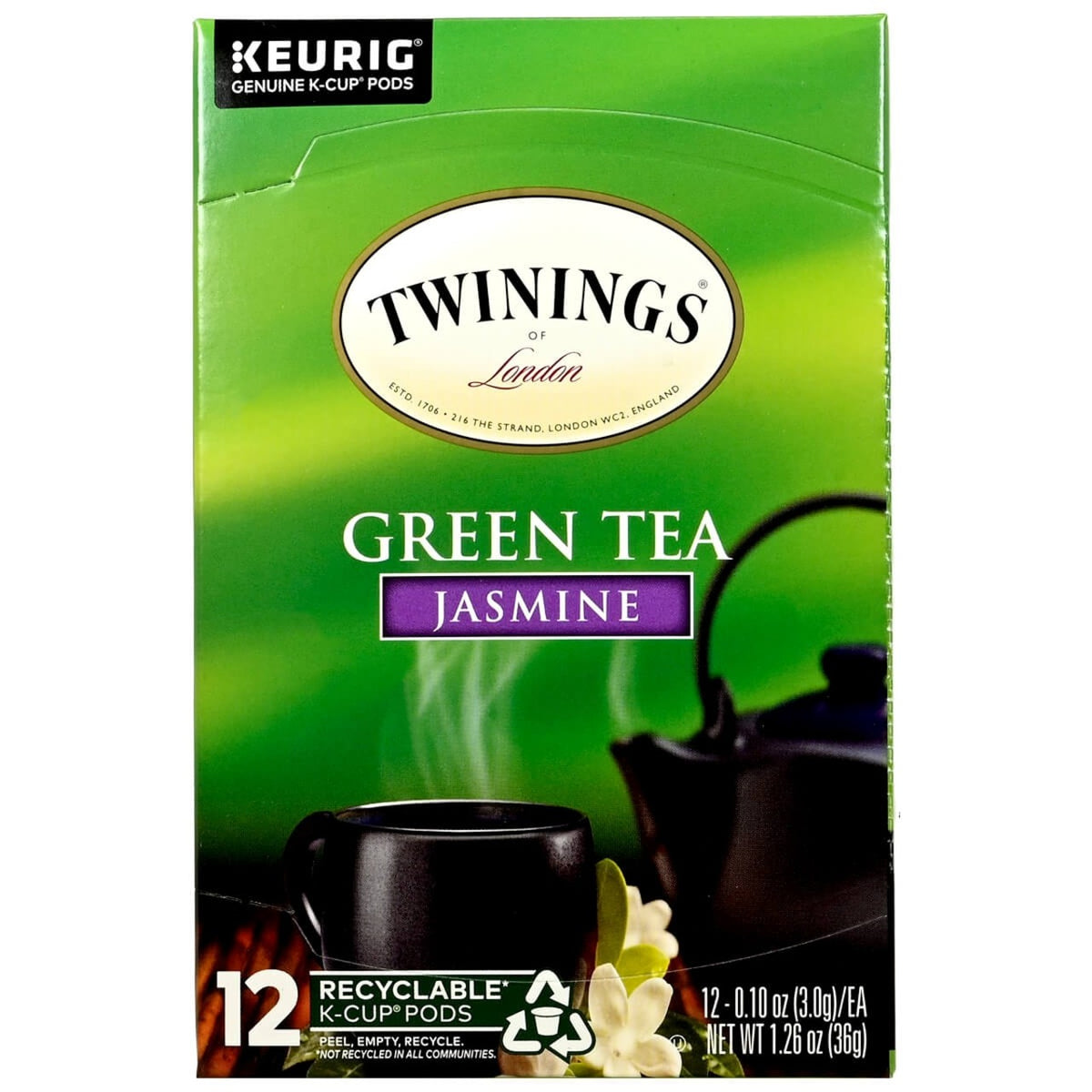 Box of Twinings Green Tea Jasmine K-Cup pods with a green background