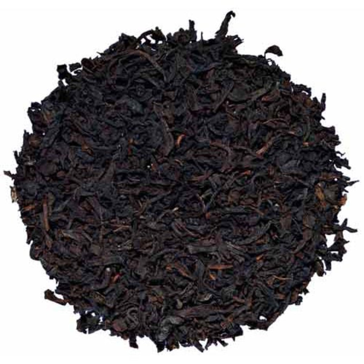 A closeup pile of dry, black loose leaf tea.