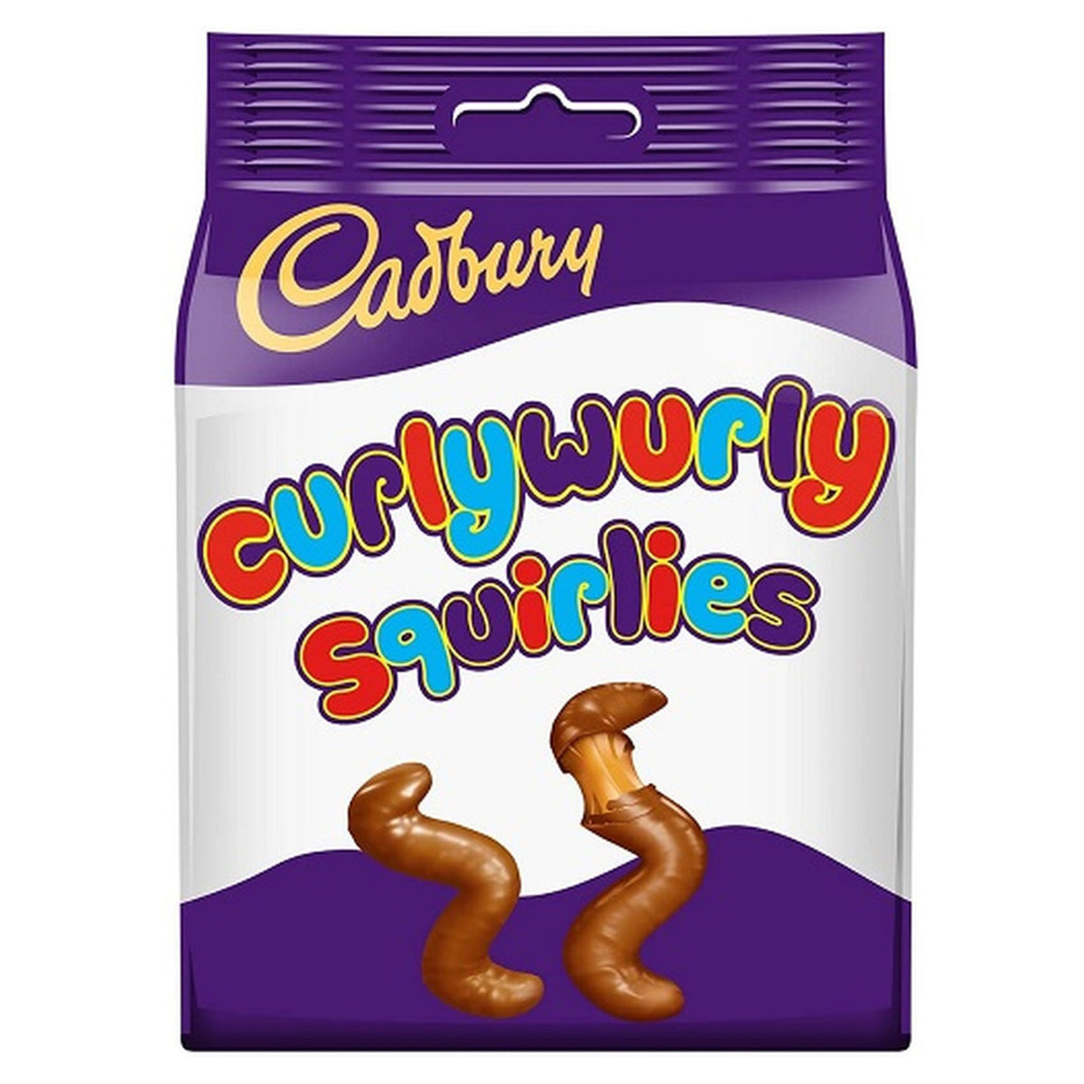 Cadbury Curlywurly Squirries packaging with purple and white background