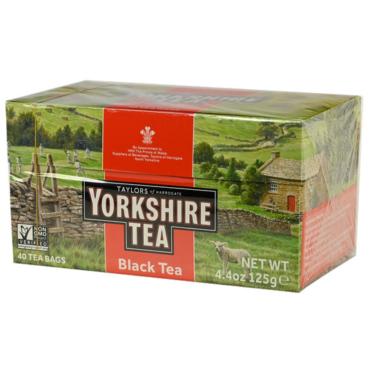 Box of Taylors of Harrogate Yorkshire Tea with a scenic design on the packaging.