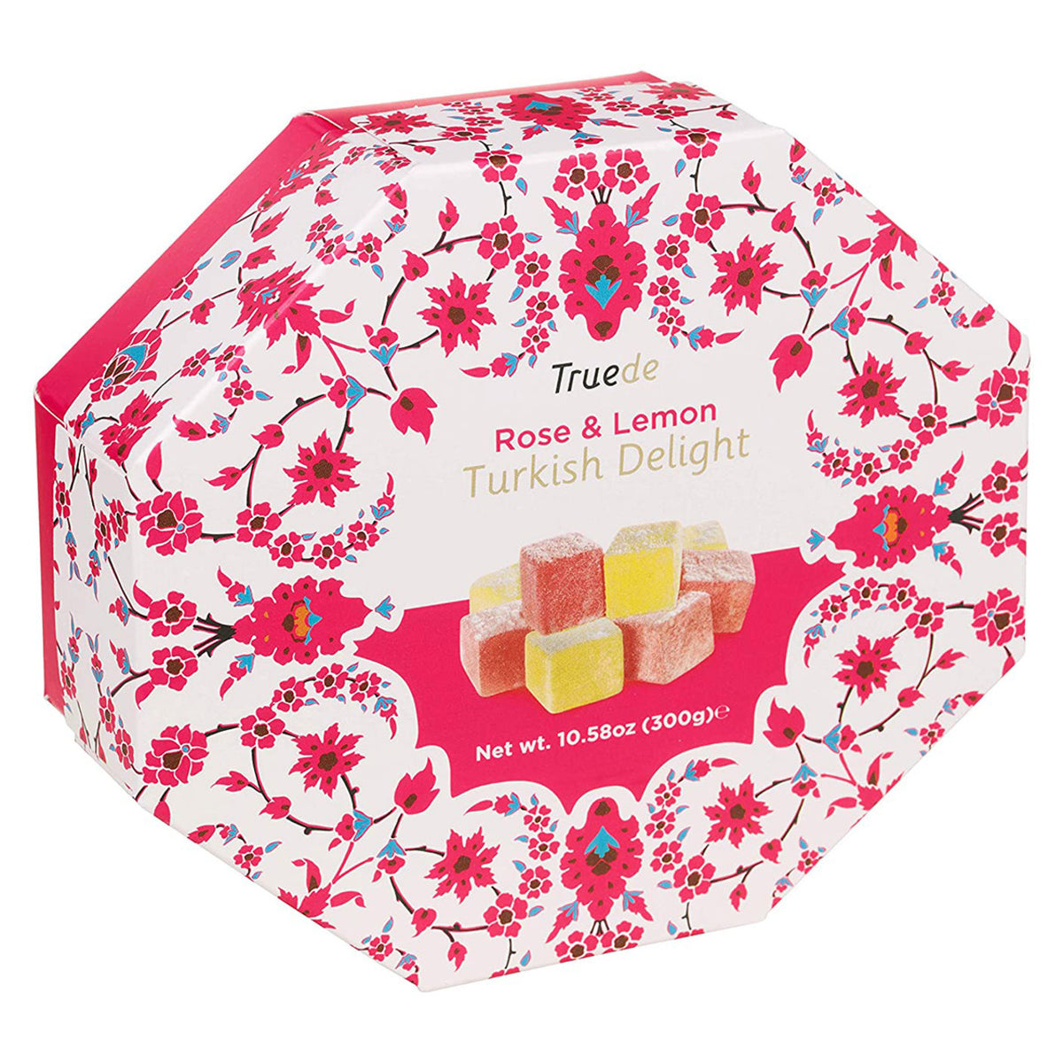 Hexagonal box of Truede Rose & Lemon Turkish Delight with floral design