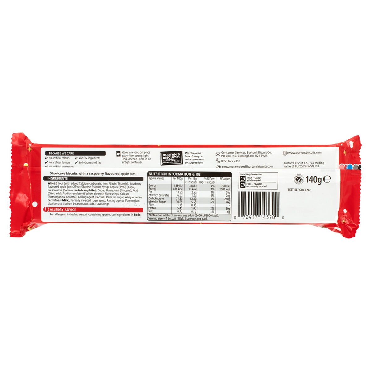 Back side of Jammie Dodgers Raspberry flavor packaging on a white background