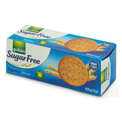 Blue box of Gullón Sugar Free Digestive Biscuits on a white background