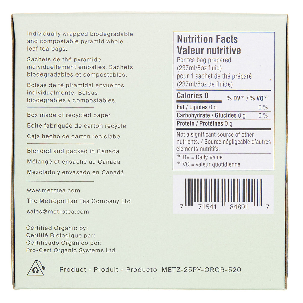Side of a box of Metz tea featuring nutrition facts.