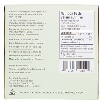 Side of a box of Metz tea featuring nutrition facts.