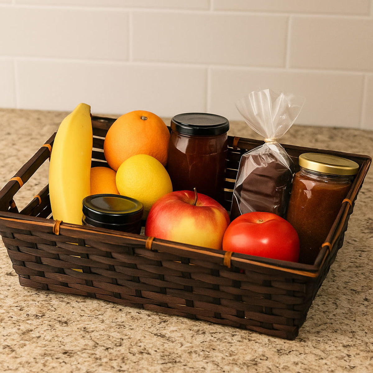 Wicker basket with fruits and honey on a countertop