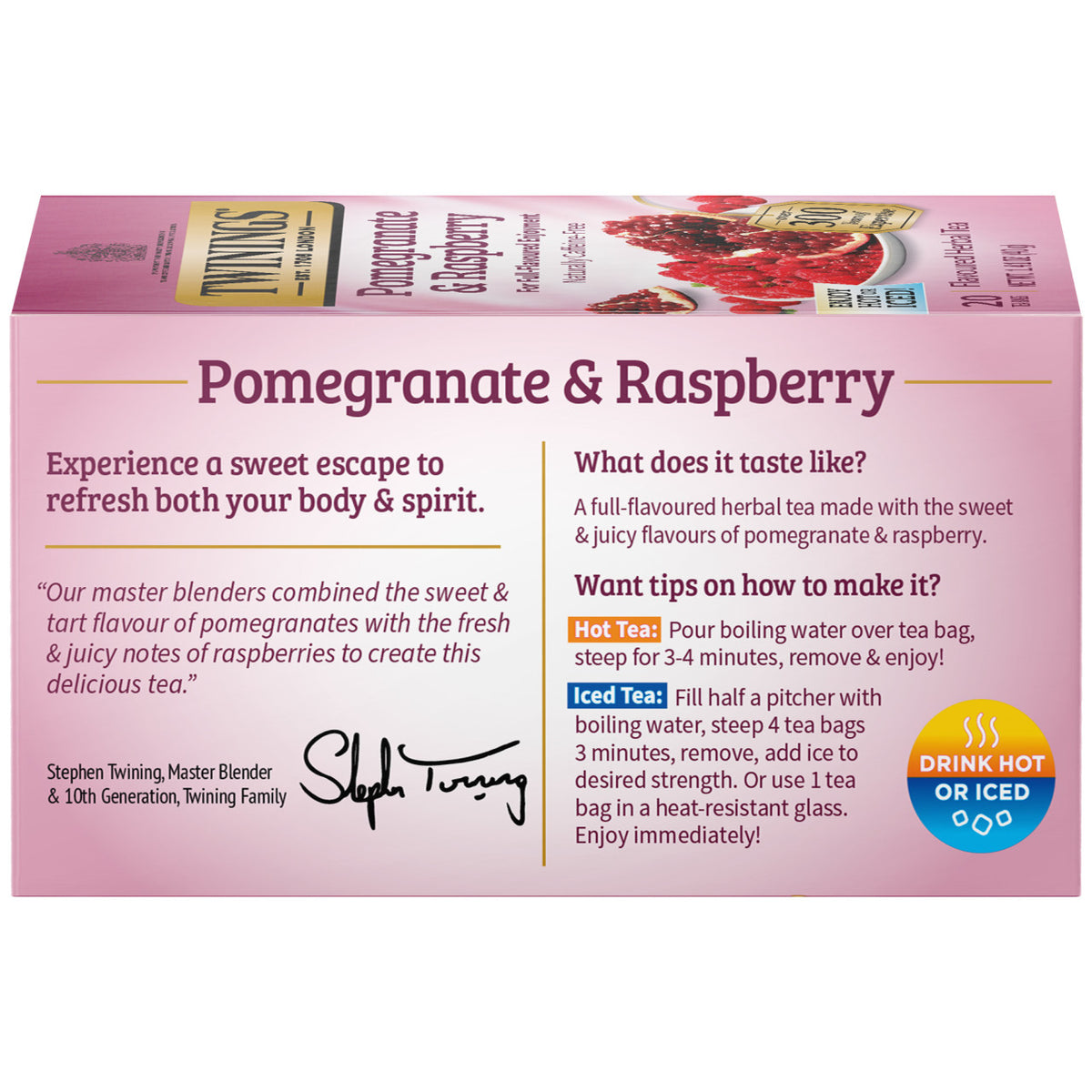 Box of Twinings Pomegranate & Raspberry tea with branding and product details.
