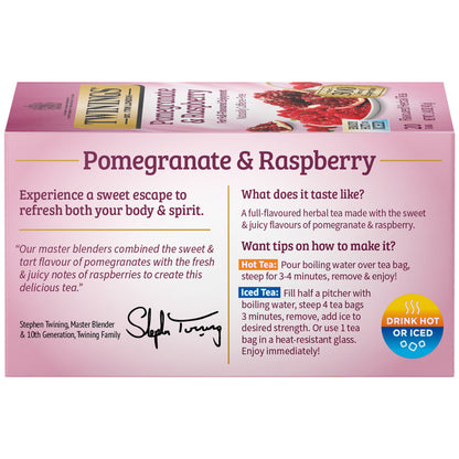 Box of Twinings Pomegranate & Raspberry tea with branding and product details.