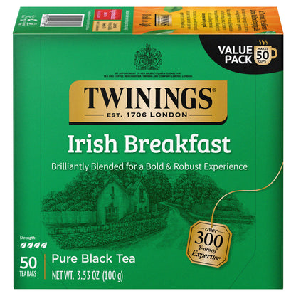 Box of Twinings Irish Breakfast tea with green packaging and brand logo.