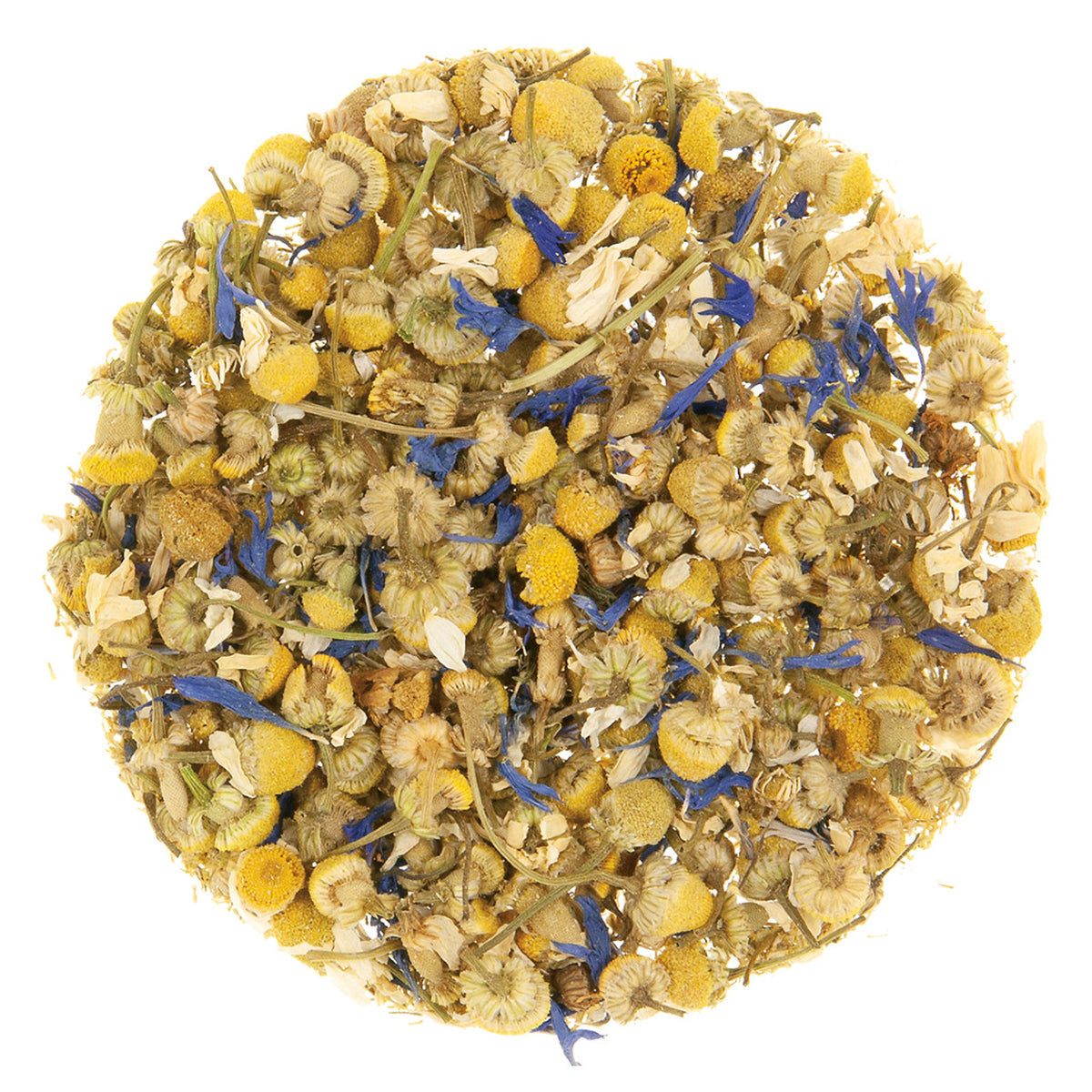 Camomile flowers and tea leaves with blue petals in a circle on a white background.