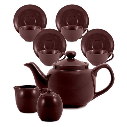 Brown ceramic teapot set with cups and saucers on a white background