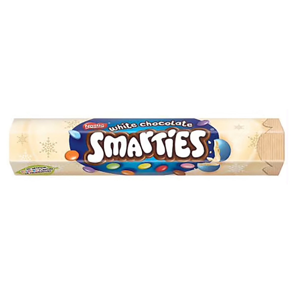 Tube of Nestle White Chocolate Smarties on a white background
