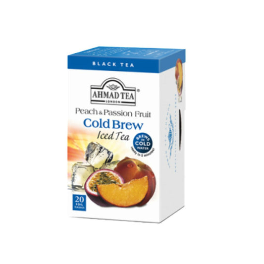 Ahmad Tea Peach & Passion Fruit Cold Brew Iced Tea packaging on a white background