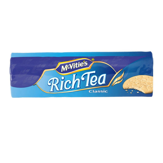 Pack of McVitie's Rich Tea biscuits on a white background