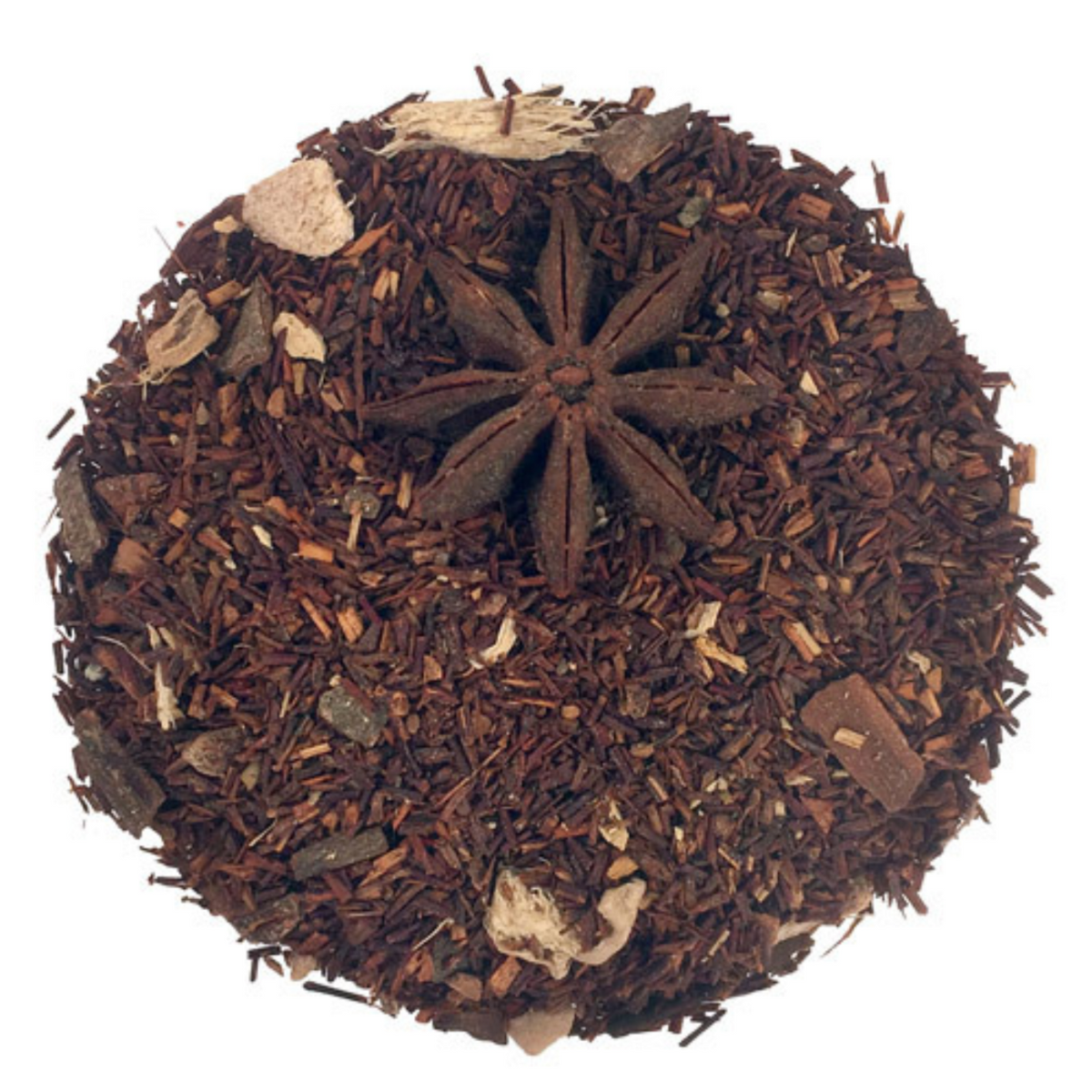 Tea ball with rooibos and star anise on a white background