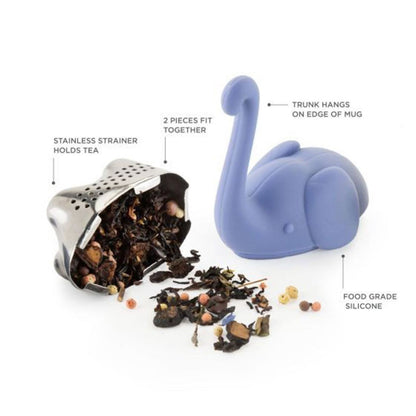 Blue elephant shaped tea infuser on a white background with a display and callout of the inside and how it works including strainer that holds tea with loose leaf tea.
