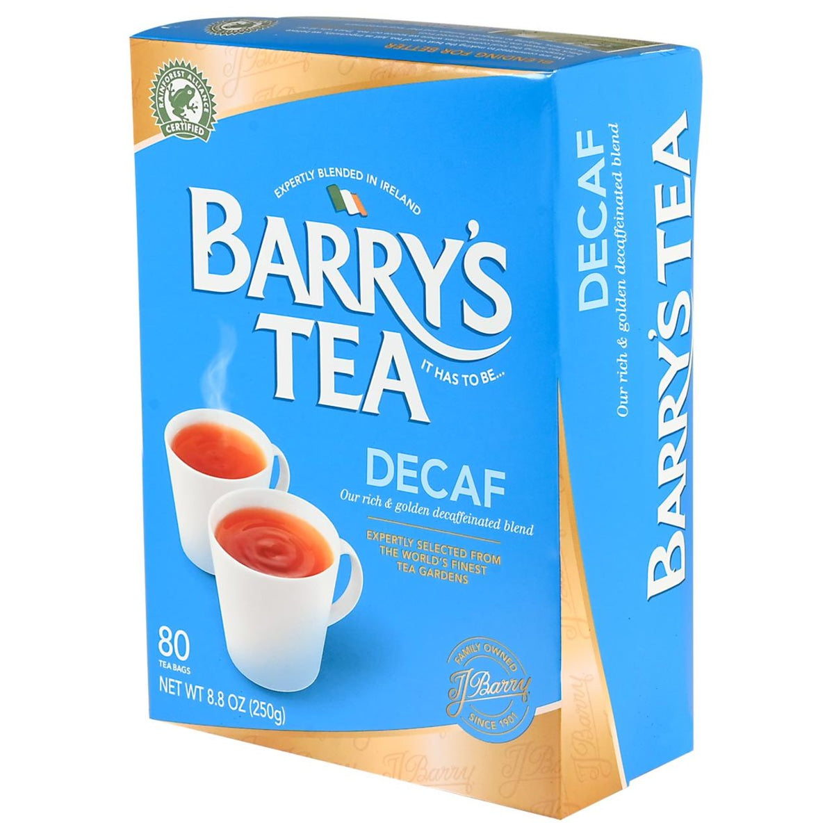 Box of Barry's Decaf Tea with blue and orange design