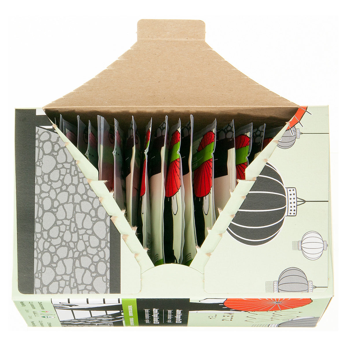 A box of Metz Organic Jasmine Green tea opened displaying individually wrapped teabags.