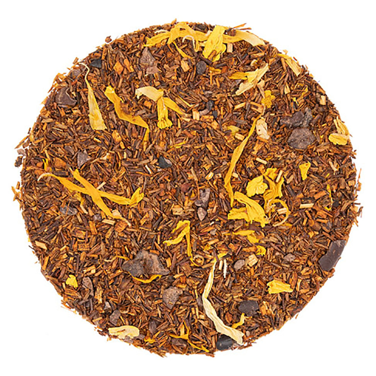 Round tea blend with visible leaves and flowers on a white background