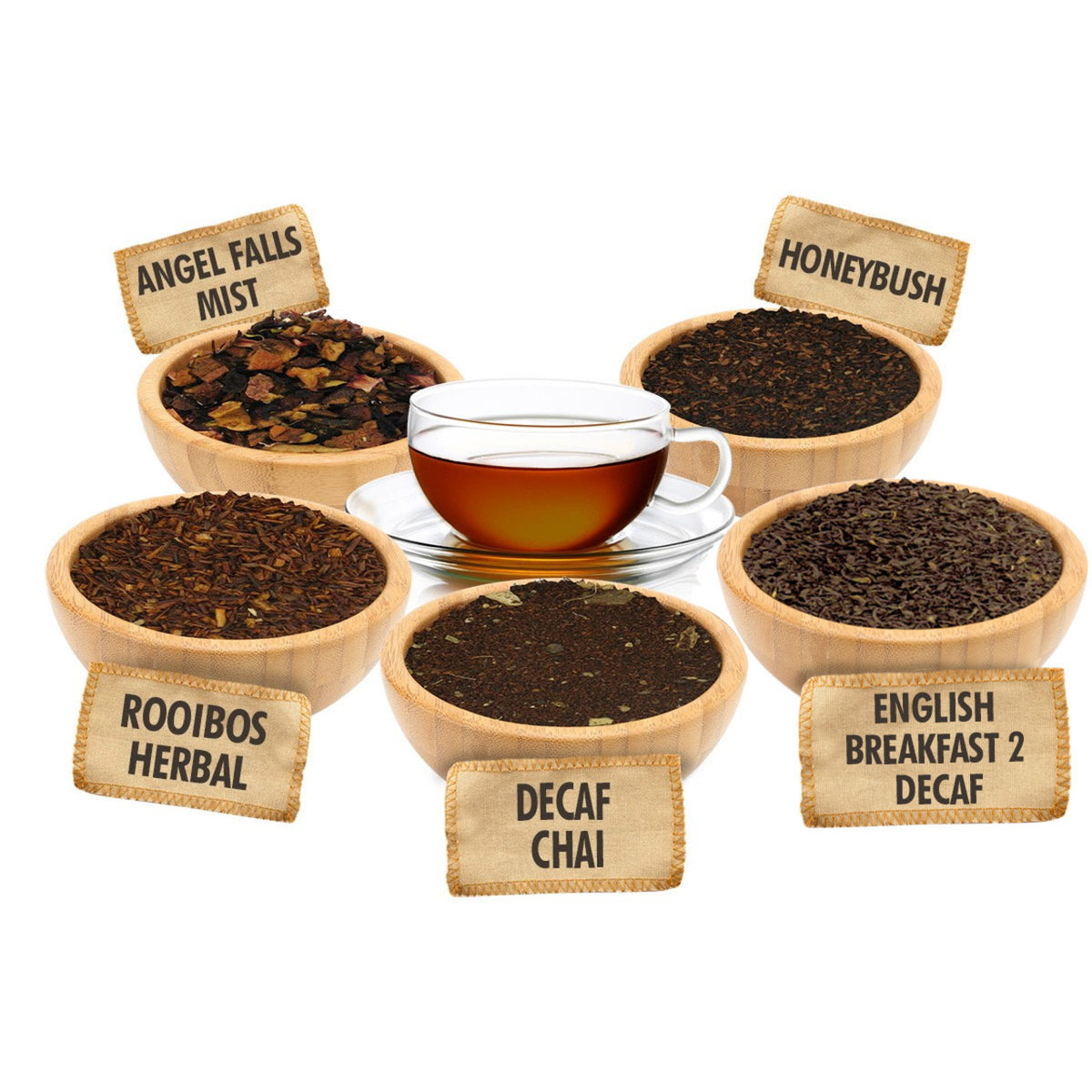 Assorted types of tea leaves in wooden bowls with labels on a white background