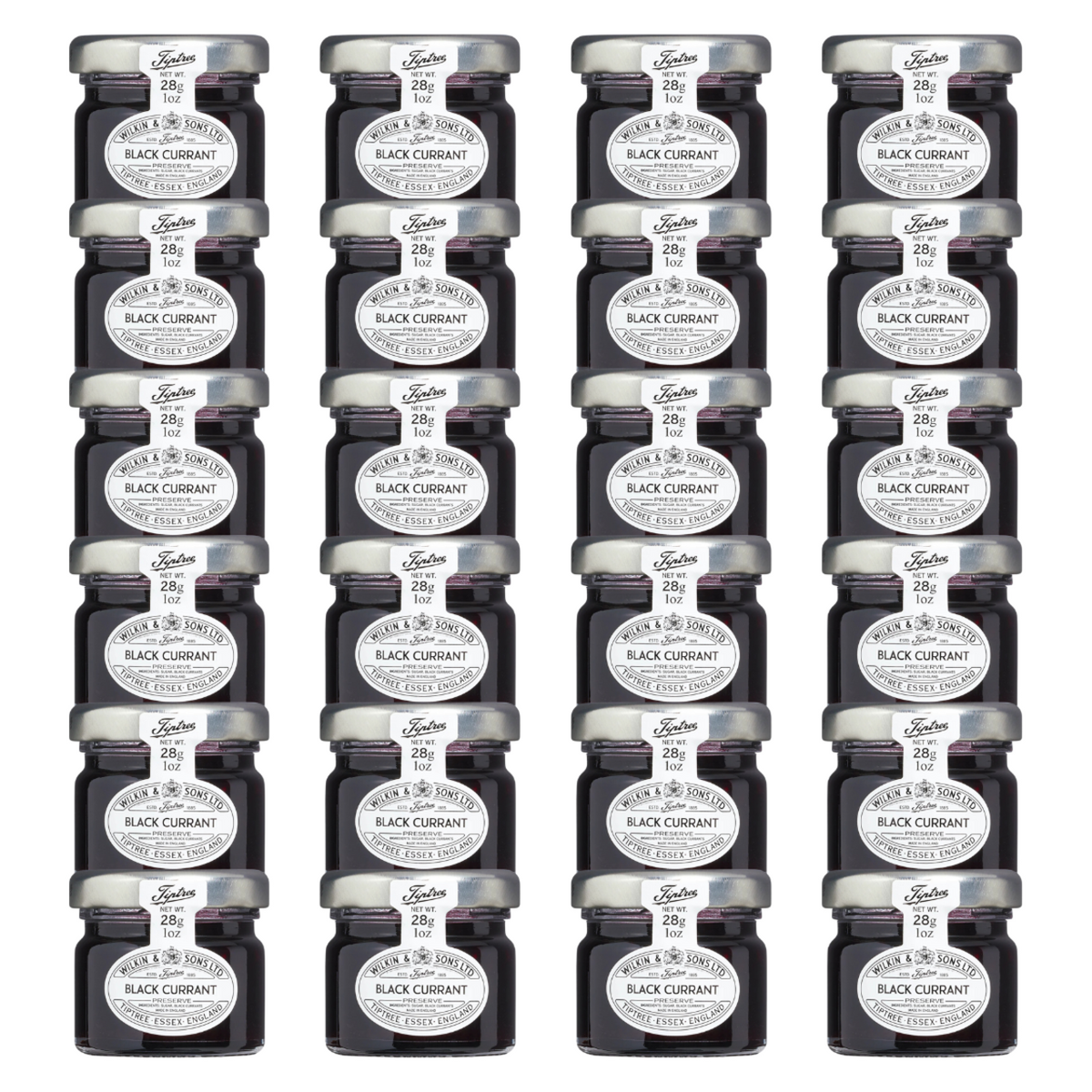 24 1oz mini jars of Tiptree Blackcurrant Preserve, with a label indicating the product is made by Wilkin & Sons Ltd., Tiptree, Essex, England.