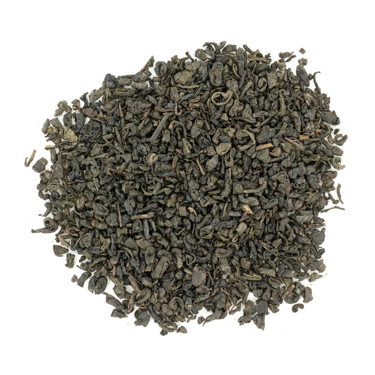 A pile of dry, rolled Gunpowder Green Tea leaves.