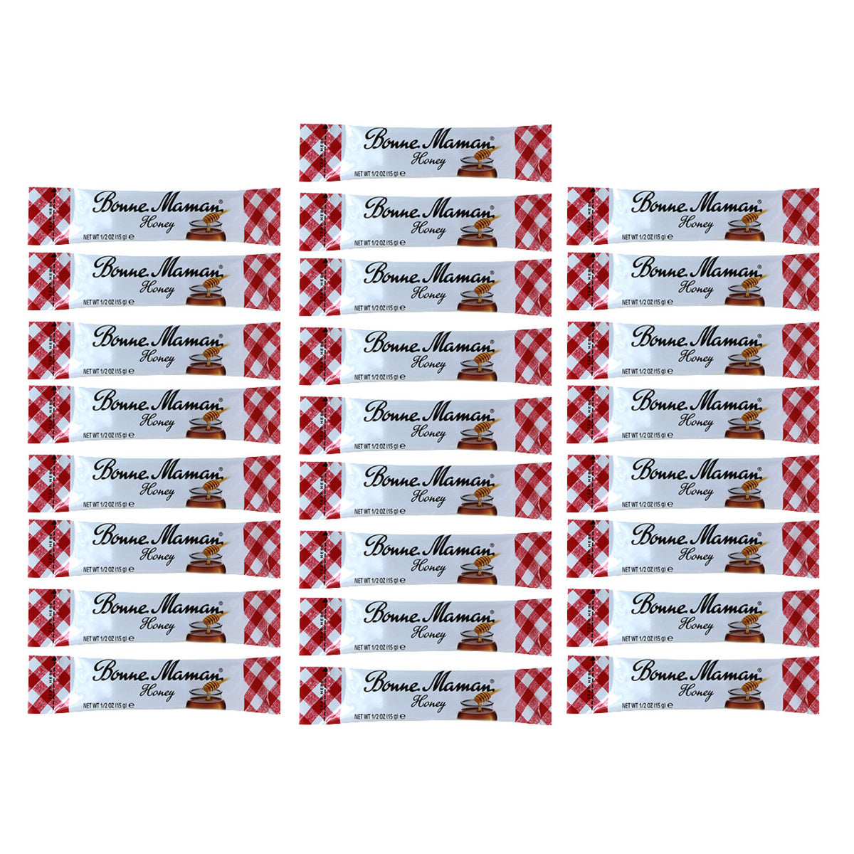 Numerous packets of Bonne Maman honey with a red and white checkered design on the packaging.