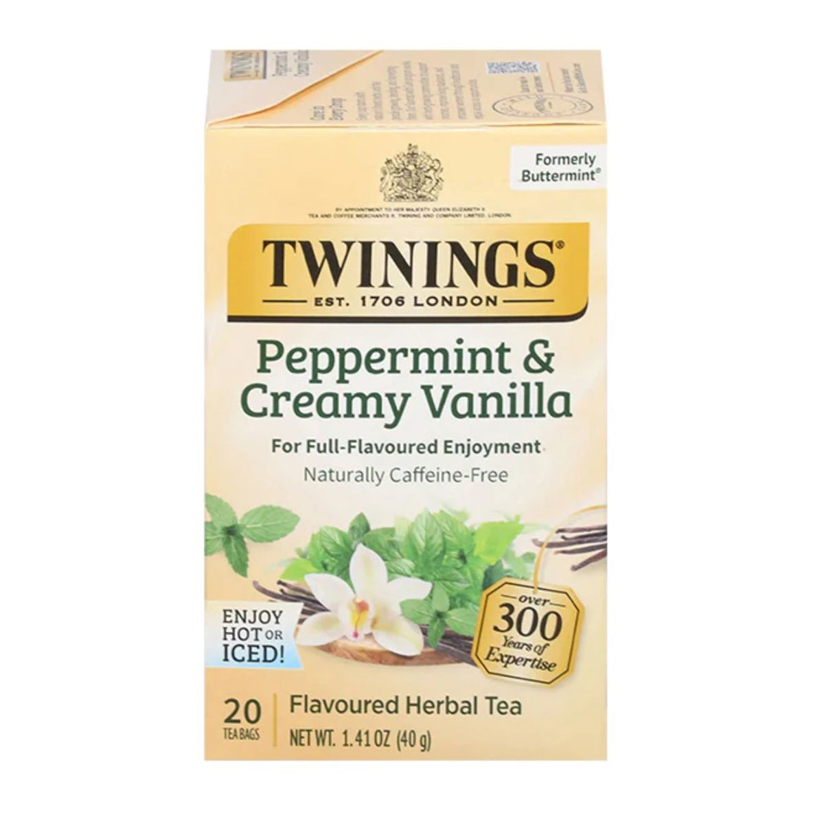 Twinings peppermint & creamy vanilla tea box on a white background