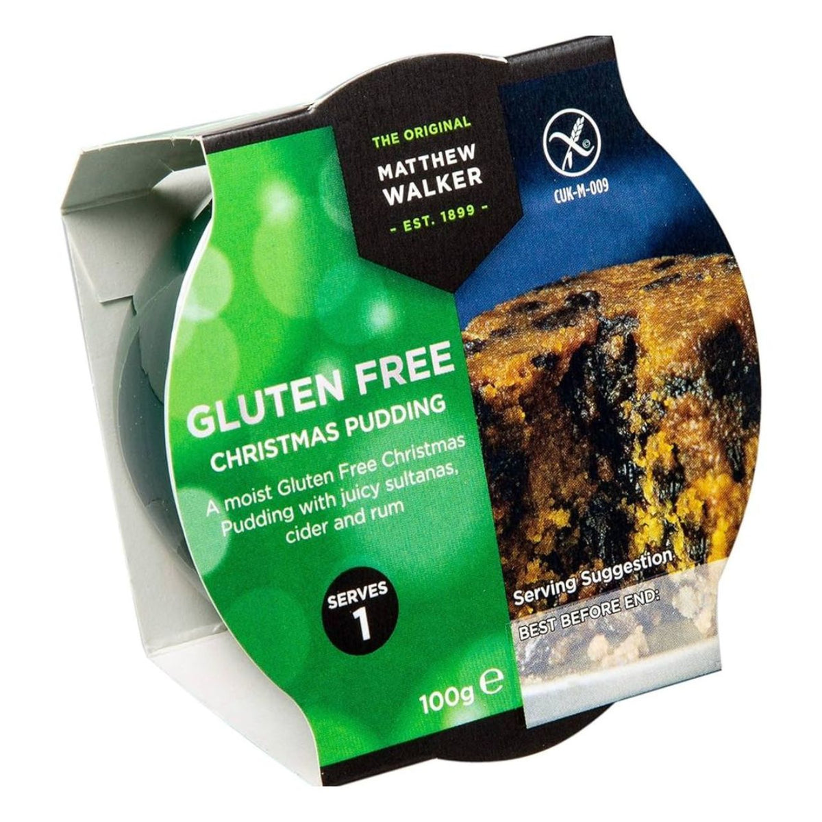 Gluten-free Christmas pudding packaging with green label and image of pudding.