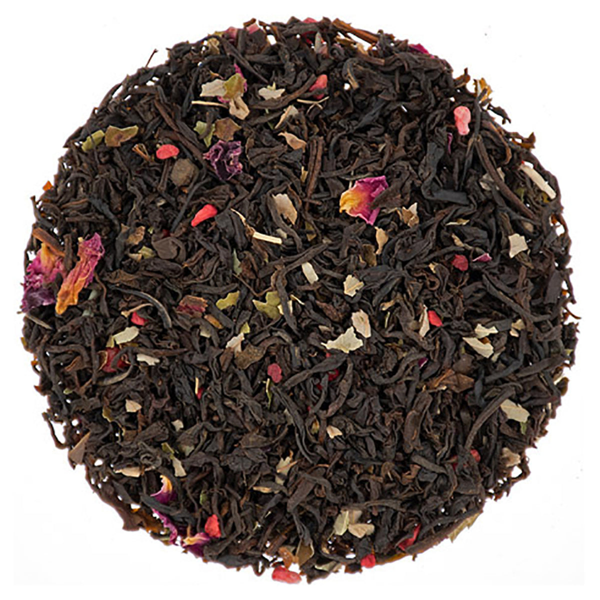 Black tea leaves in a circle display ball with floral and leaf elements on a white background