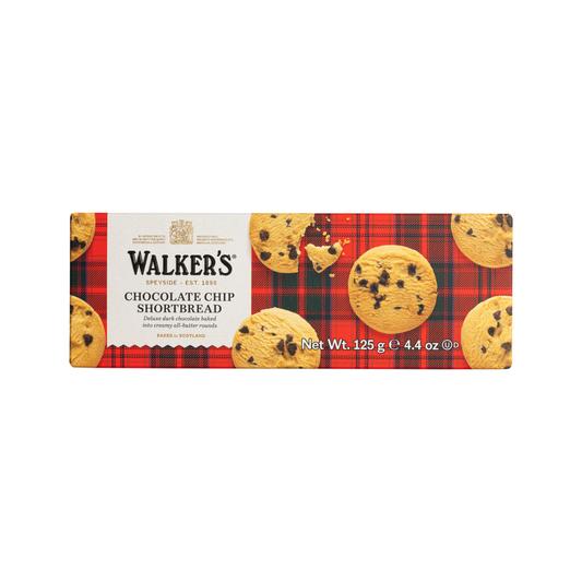 Walker's Chocolate Chip Shortbread packaging with plaid design on a white background
