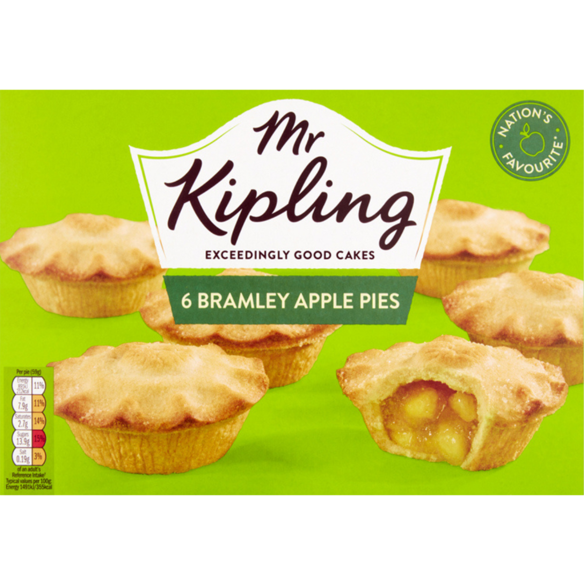 Packaging of Mr Kipling Bramley Apple Pies on a green background