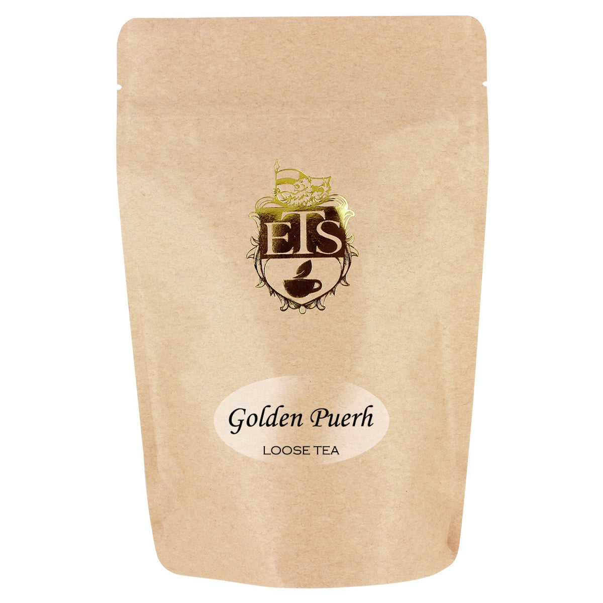 Kraft paper with ETS badge with a label for Golden Puerh Loose Tea